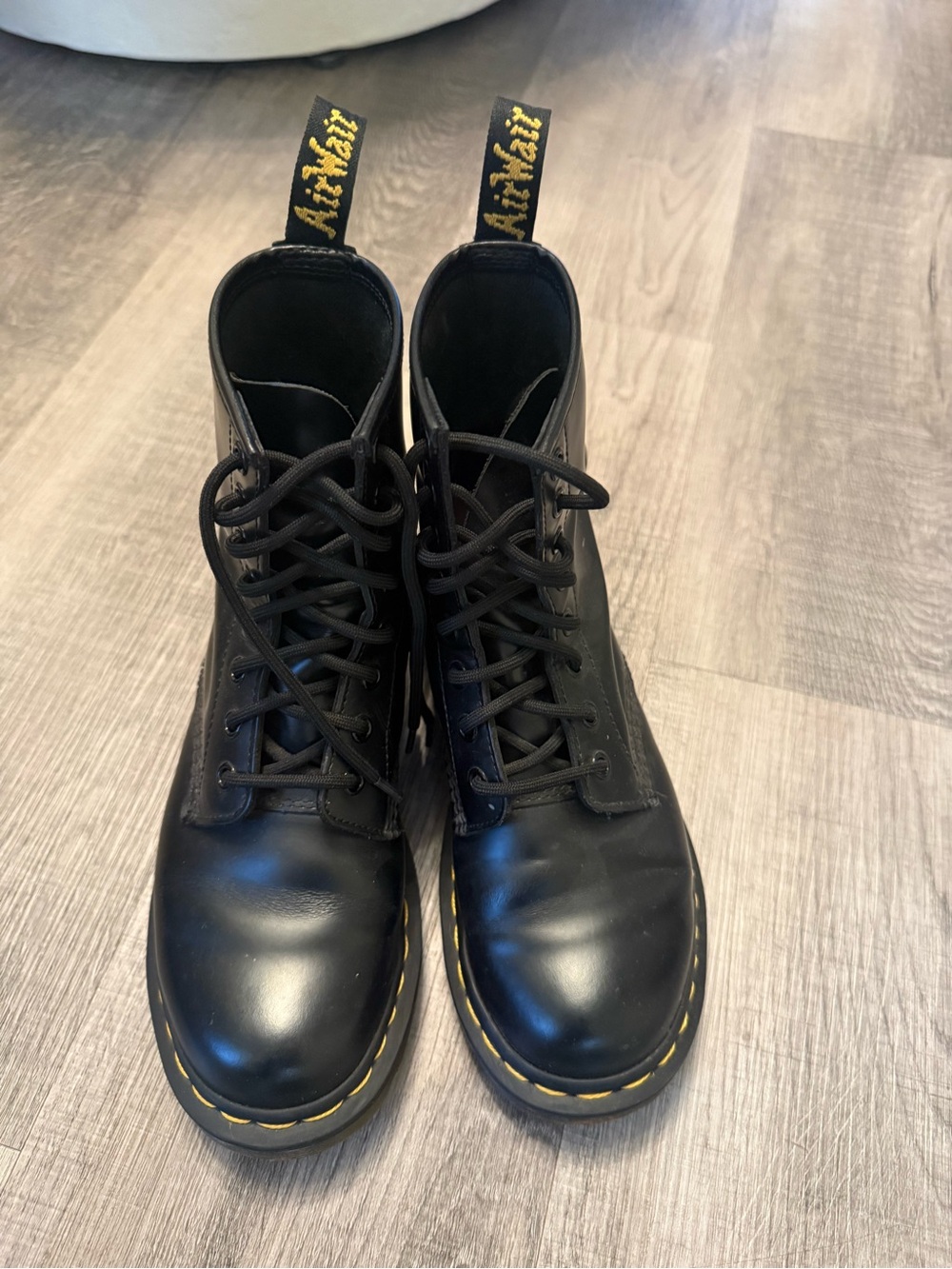 Dr. Martens Black Leather 8-Eye Lace-Up Boots with Yellow Stitching